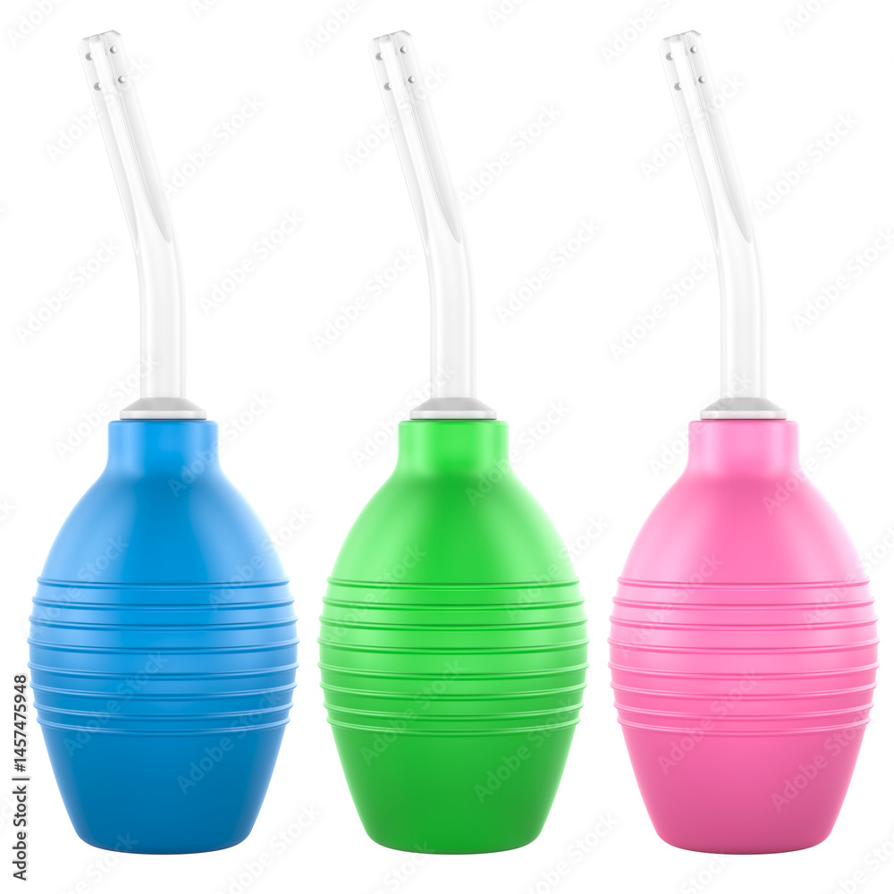 Vaginal Douche Enema Bulb or Anal Douche Enema Cleaner, different colors. 3D rendering isolated on transparent background