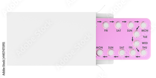 Obraz na płótnie Blister of combined oral contraceptive pills inside packaging box, mockup template. 3D rendering isolated on transparent background w salonie
