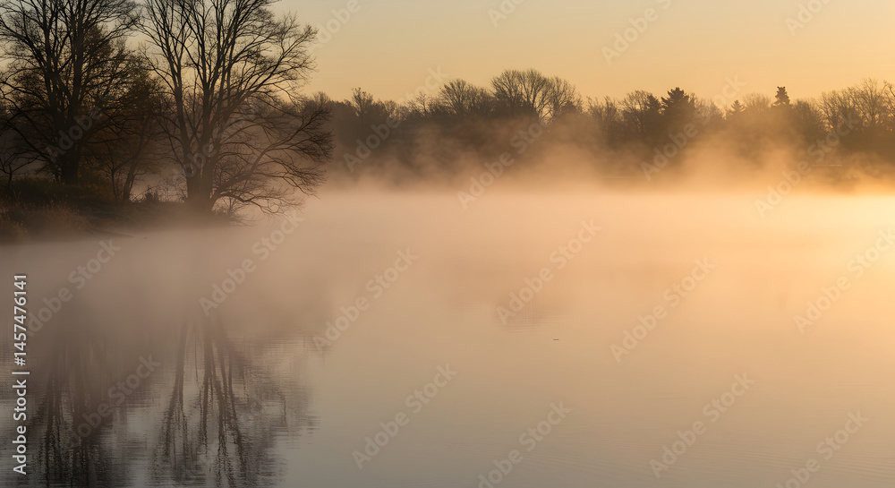 Fototapeta premium Mystical Fog Over Still Lake at Dawn Reflecting Silhouetted Trees