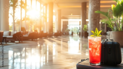 Photograph of a bright, airy hotel lobby featuring a cocktail and suitcase on a polished floor.