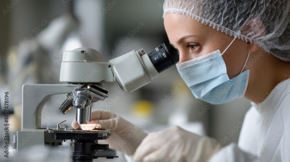 A laboratory technician in protective gear carefully analyzes samples under a microscope highlighting the precision and focus required in medical diagnostics.