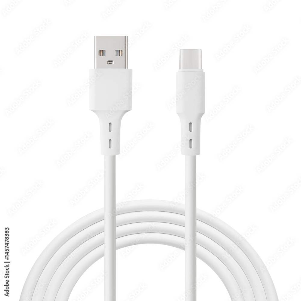 white cable for charging and synchronization with Type – C and USB connectors on a white isolated background close-up
