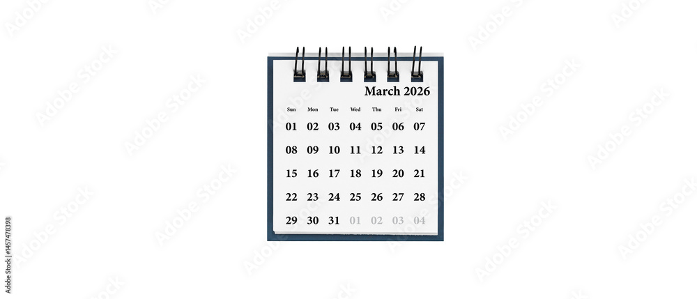 Desktop calendar for March 2026 in white colour. Mini planner for business and finance, spiral view on isolated white background close up.