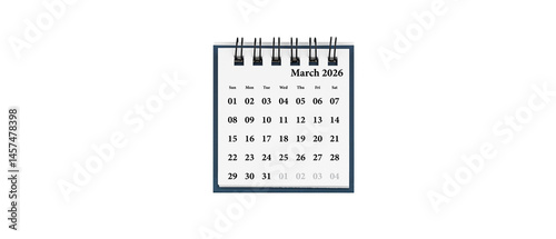Desktop calendar for March 2026 in white colour. Mini planner for business and finance, spiral view on isolated white background close up.