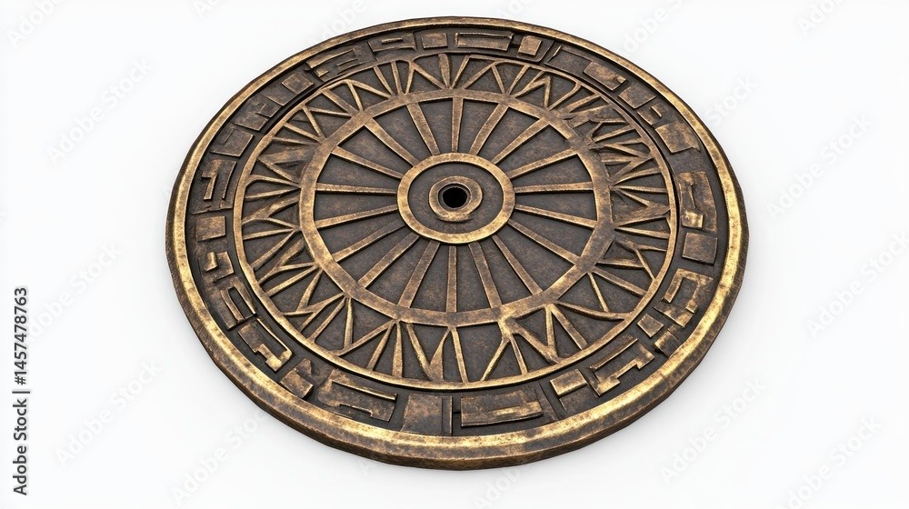 Fototapeta premium Round metallic object with engraved symbols and patterns