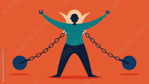 Breaking Chains A person breaking free from chains labeled with terms like societal pressure and expectations symbolizing liberation from unrealistic body standards.
