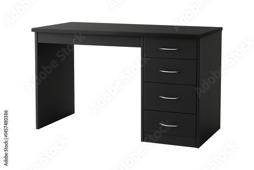 Sleek Black Office Desk with Minimalist Design and Four Drawers PNG image isolated on a transparent background.