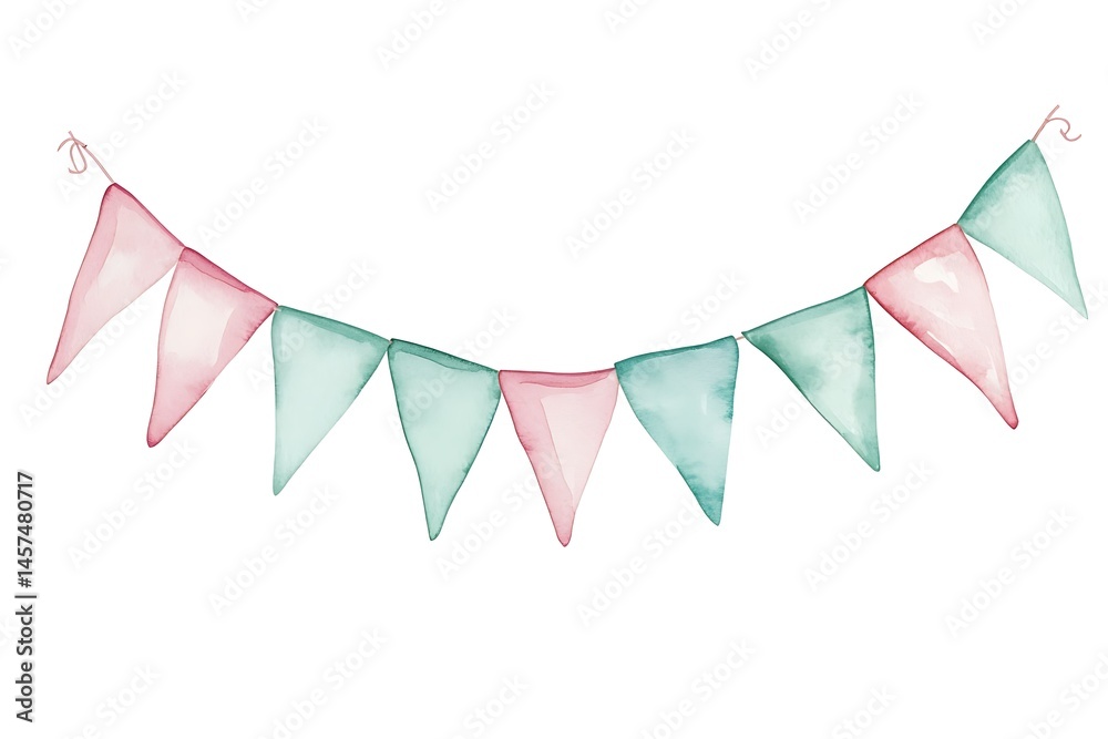 Fototapeta premium Watercolor bunting with pink and green flags on a white background