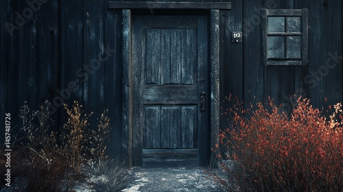 Dark rustic wooden door old house exterior autumn plants red wall fall grey home aged life image