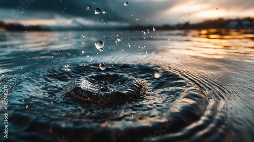 Backdrop of serene water with ominous water droplets, symbolizing the hidden threat of PFAS chemicals, a chemical legacy haunting our planet is health