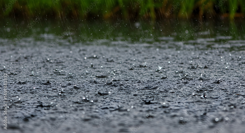 Fototapeta premium Pitter Patter Raindrops Fall On Water Surface Splashing With Greenery