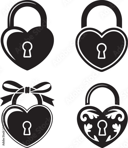 Heart-shaped lock silhouette set vector illustration isolated On Transparent Background