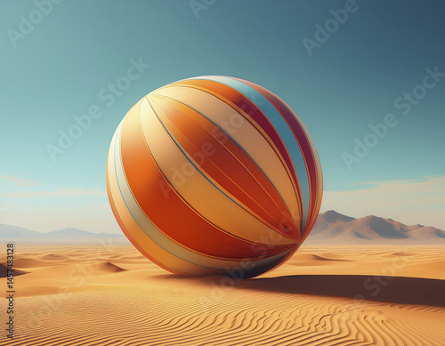 3d render surreal Giant Beach Ball Rolling Through a Desert.j
