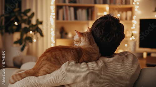 Person relaxing with cat at home with cozy lights in background. Warm calm atmosphere