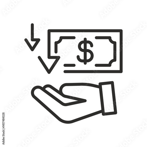 money back icon, cash back rebate, hand holding cash, dollar with arrow, thin line vector illustration eps10