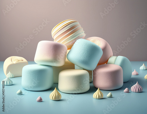 pastel marshmallows, copy space on soft baby blue surface