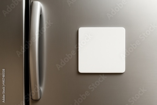 Blank Square Magnet on Refrigerator: A simple blank square magnet rests on a stainless steel refrigerator door, offering a clean, minimalist backdrop for your message or design.