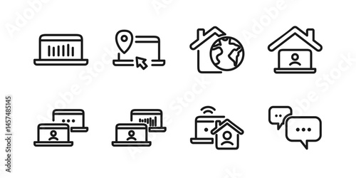 Remote Work Line Icons . Freelancer Work from Home, Video Call, Online Meeting, Teleconference Vector Set