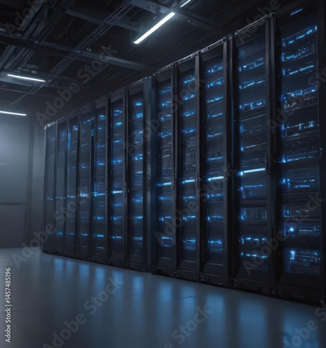Cool blue light illuminates powerful server racks in a secure facility ,  computer hardware,  high-tech,  digital