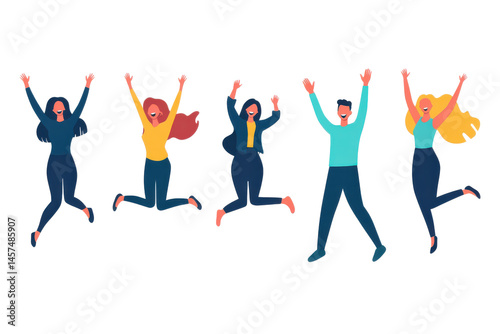 A group of five people jumping in the air with their arms raised in celebration and excitement together