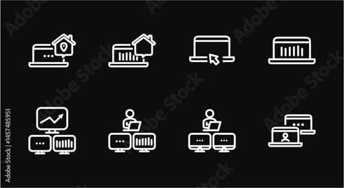 Remote Work Line Icons . Freelancer Work from Home, Video Call, Online Meeting, Teleconference Vector Set
