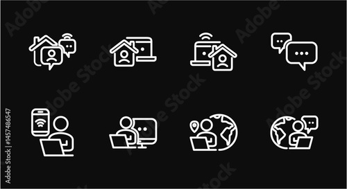 Remote Work Line Icons . Freelancer Work from Home, Video Call, Online Meeting, Teleconference Vector Set