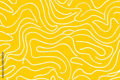 Abstract seamless pattern vector illustration showcases a golden wave design with floral and swirl art on a yellow fabric texture