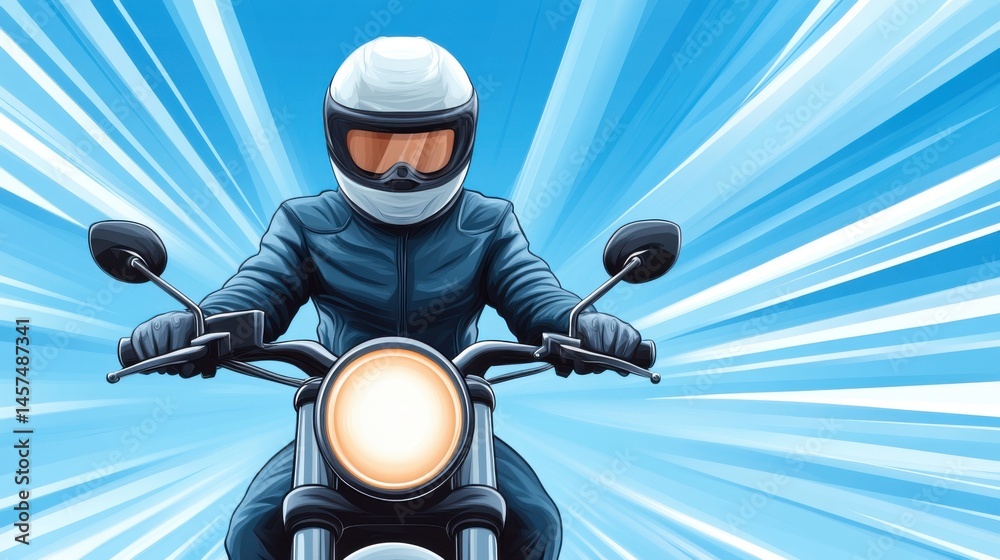 Dynamic Motorcycle Rider in Action Against a Vibrant Blue Background