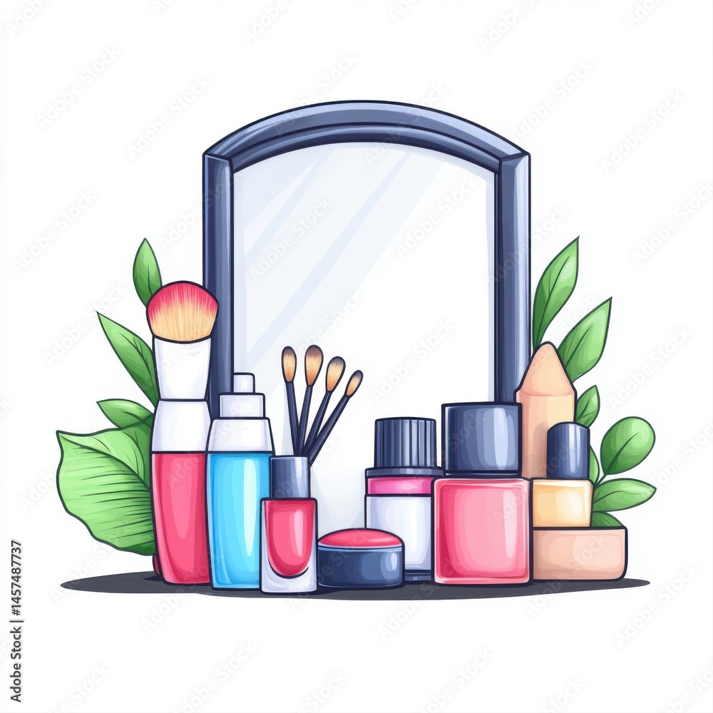 Stylish Cosmetic Display with Mirror and Beauty Products on a White Background