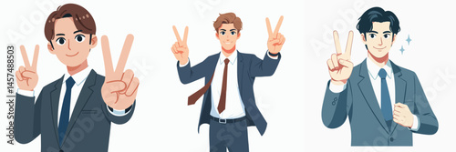 set vector businessman raising 2 two fingers peace