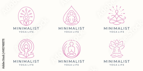 set of minimalist meditation line logo yoga life slim linear concept.