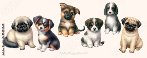 A cute watercolor vector set of playful puppies in different poses and breeds. Ideal for kids' illustrations, pet-themed decor, stickers, and greeting cards.