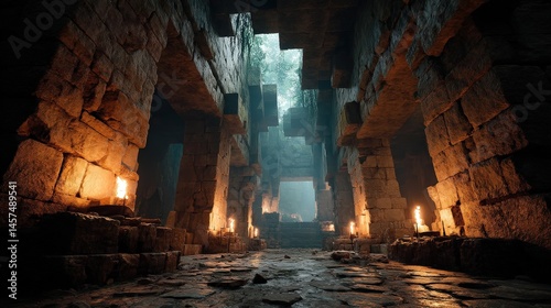 Ancient stone corridor illuminated by flickering torches and mysterious shadows.