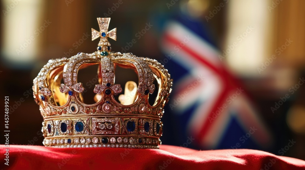 custom made wallpaper toronto digitalRoyal Crown Jewels. Symbol Of Power. Gold Crown On Red Velvet With Gemstones. UK Flag In Background.