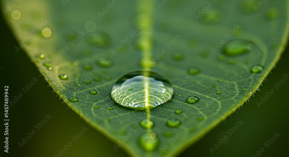 Fototapeta premium Fresh Green Leaf With Water Drops Reflecting The Leaf Detail
