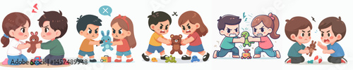 children fighting over dolls in flat design style