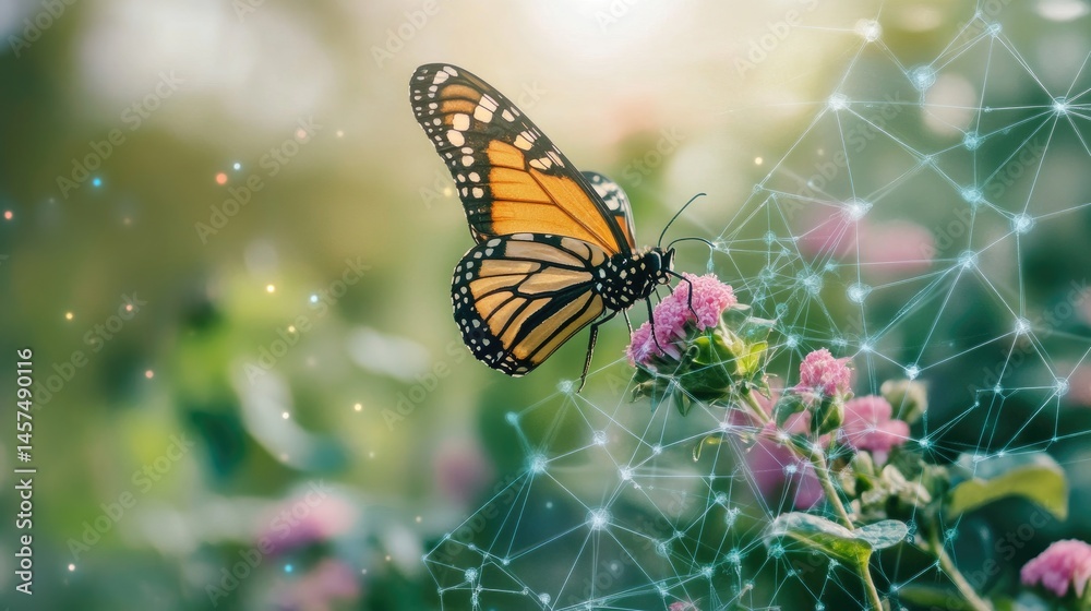 Fototapeta premium Monarch Butterfly Feeding On A Flower In A Connected Network, Symbolizing Growth And Communication.