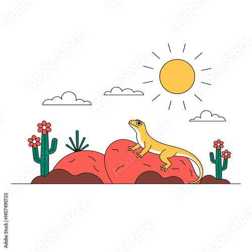 Lizard basking on rocks under the sun with cacti and flowers