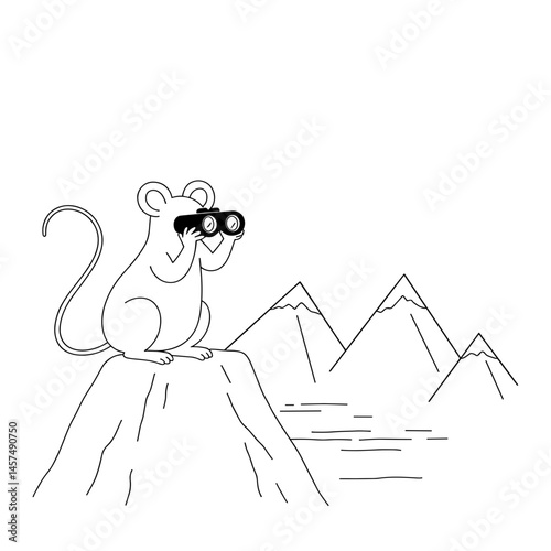 Mouse looking through binoculars at mountains