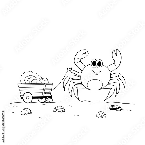 Crab smiling with a cart on a beach landscape