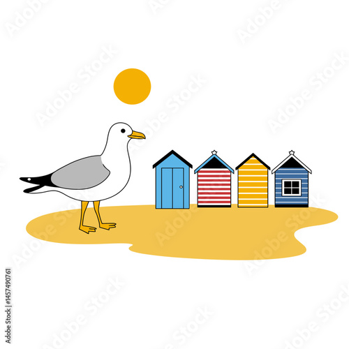 Seagull standing on sandy beach with colorful beach huts
