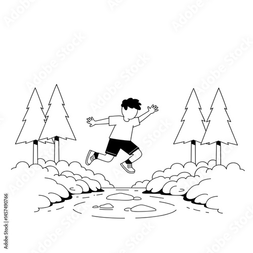 Boy jumping over stream surrounded by trees in nature