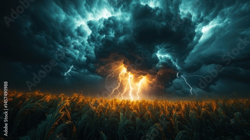 Storm brewing over a golden field. Powerful lightning illuminates a dark sky