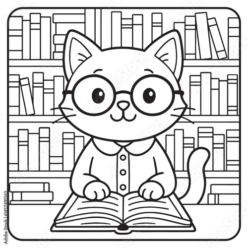 Coloring page for liitle kids with a cute librarian kitten