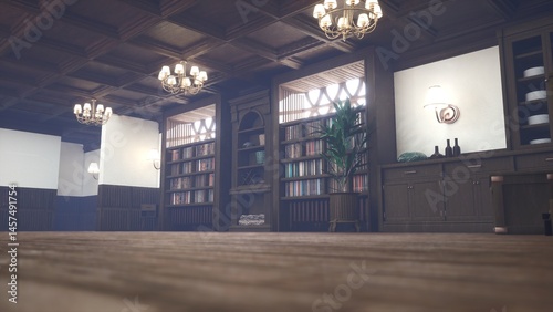Empty vintage library with wooden bookshelves in old house furnished with chandeliers. Refined home environment with potted plant and antique shelves filled with vintage hardcover books