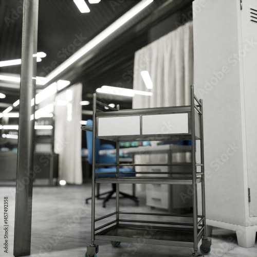 Sterile hospital lab with metal supply cart on wheels in organized clinical space. Advanced medical technology lab with with metallic sterile equipment storage, 3D render