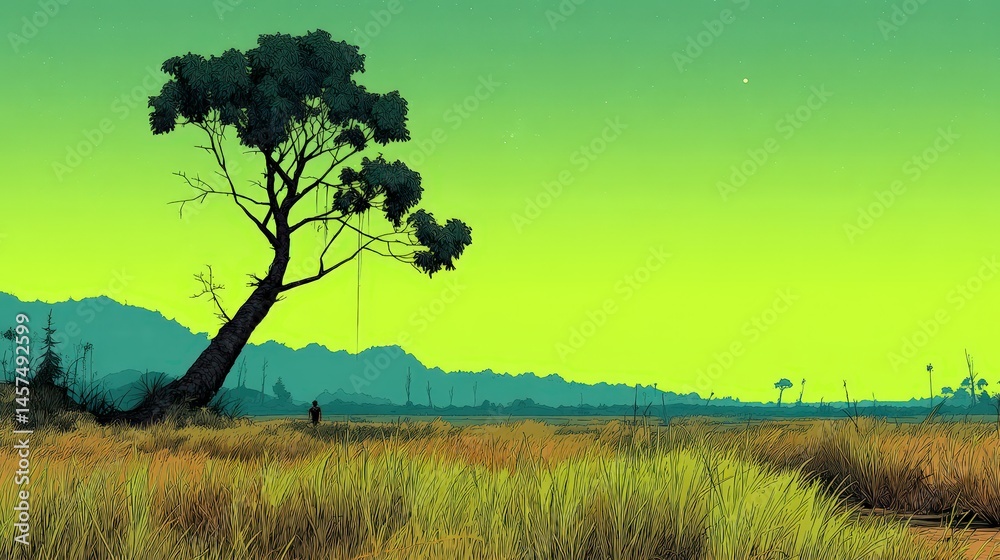 Obraz premium A stylized landscape featuring a tree against a vibrant green and yellow sky.