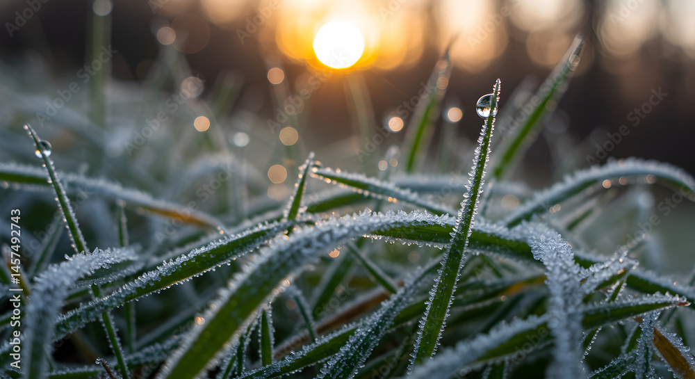 Fototapeta premium Frosty Morning: Grass Blades Adorned With Ice Crystals at Sunrise