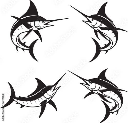 Marlin fish silhouette set vector illustration isolated On Transparent Background