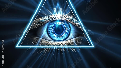 Blue Eye of Providence on black background. All-seeing God's eye in triangle. Illuminati and Freemasons mystical symbol